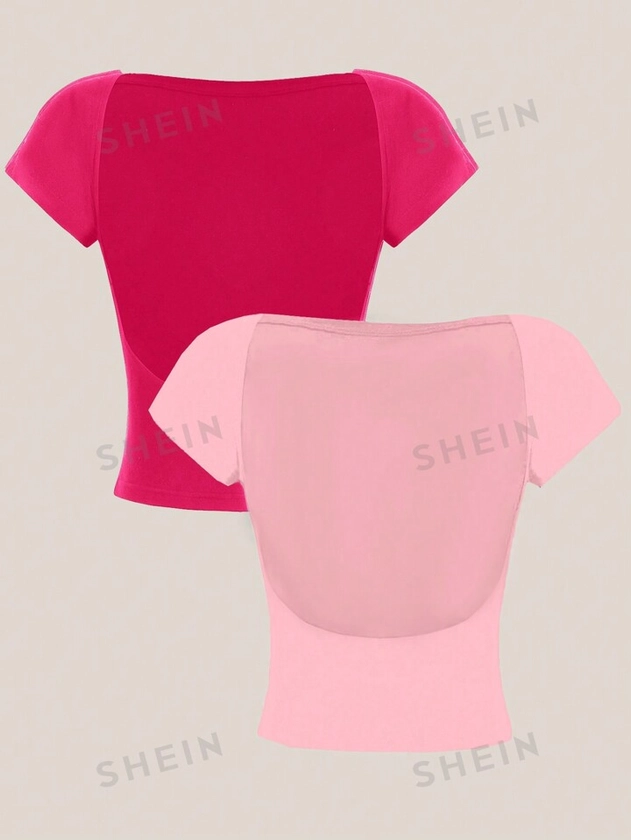 SHEIN EZwear Ensemble de 2 T-shirts moulants pour femmes à manches courtes avec encolure ronde et design dos nu