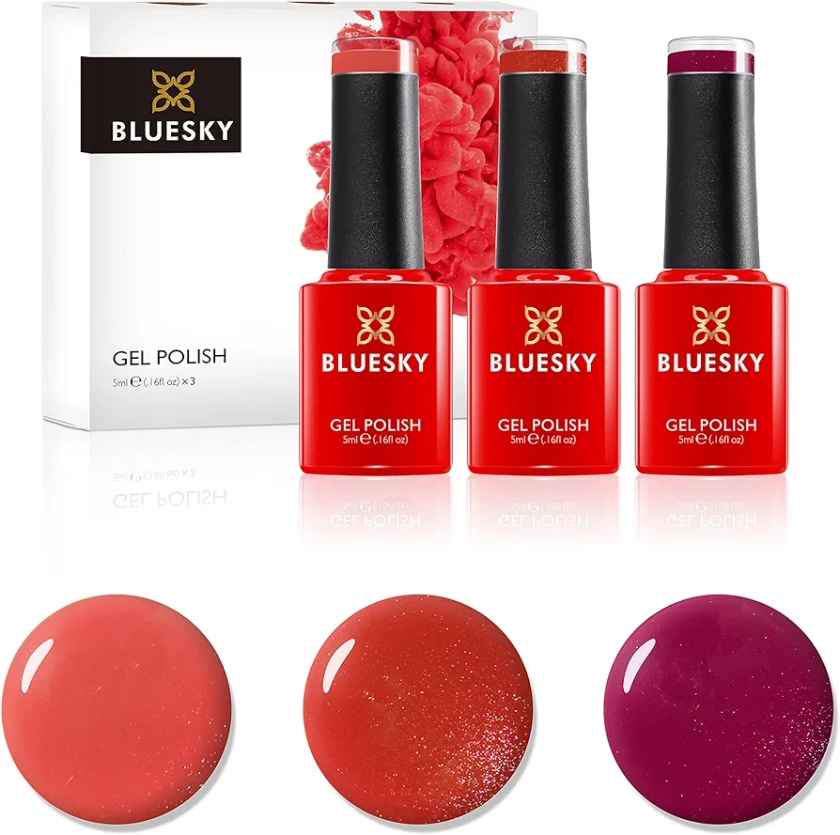 Bluesky Gel Nail Polishes, Firey Powder, Red Shimmer A015, Desert Poppy 80568, Watermelon Lady A004, 3 x 5ml, Orange, Coral (Requires Curing Under UV/LED Lamp)