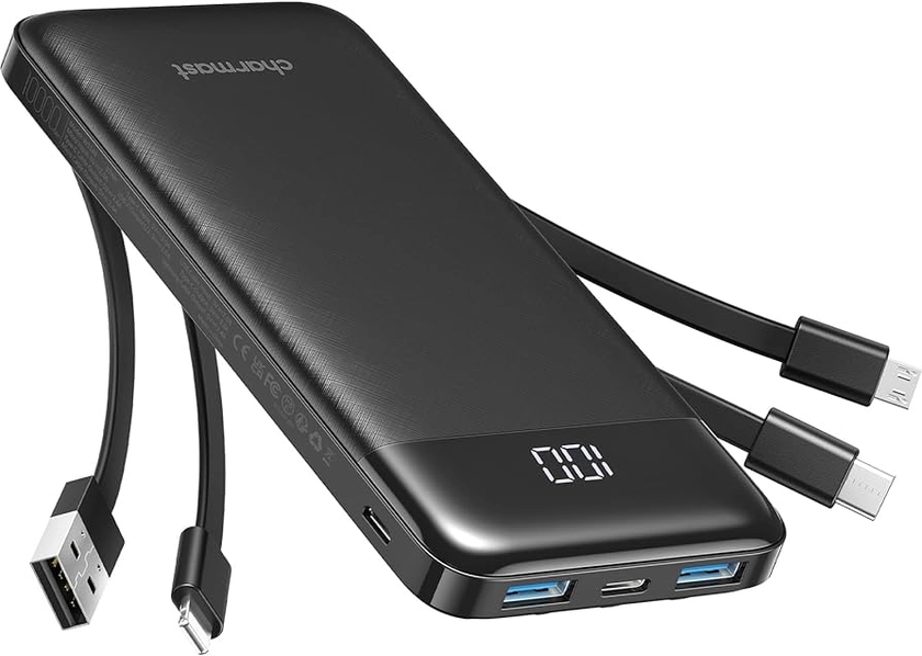 Charmast Power Bank with Built in Cables X 4, 10000mAh USB C Battery pack 6 Outputs 3 Inputs with LED Display Type C Powerbank Portable Charger Compatible with Smartphones Tablets and More
