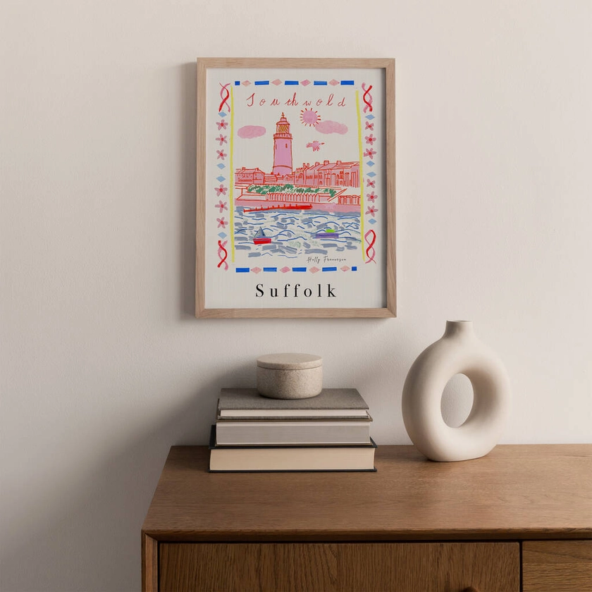 Southwold, Suffolk Coast Scene Patterned Landscapes: Heritage Pink Edition Print