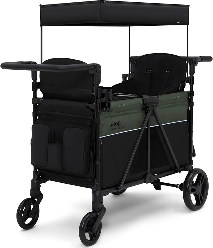 Jeep Aries Stroller Wagon by Delta Children Premium Wagon for 2 Kids with Convertible Seats, Adjustable Push/Pull Handles, Removable Canopy & Flat Fold - Greenguard Gold Certified, Black/Green