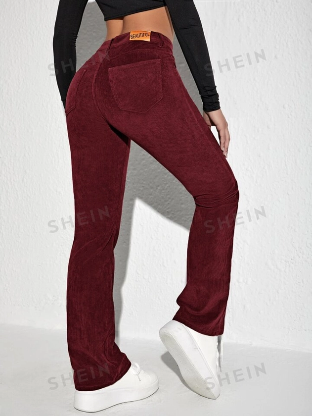 Letter Patched Flare Leg Corduroy Trousers