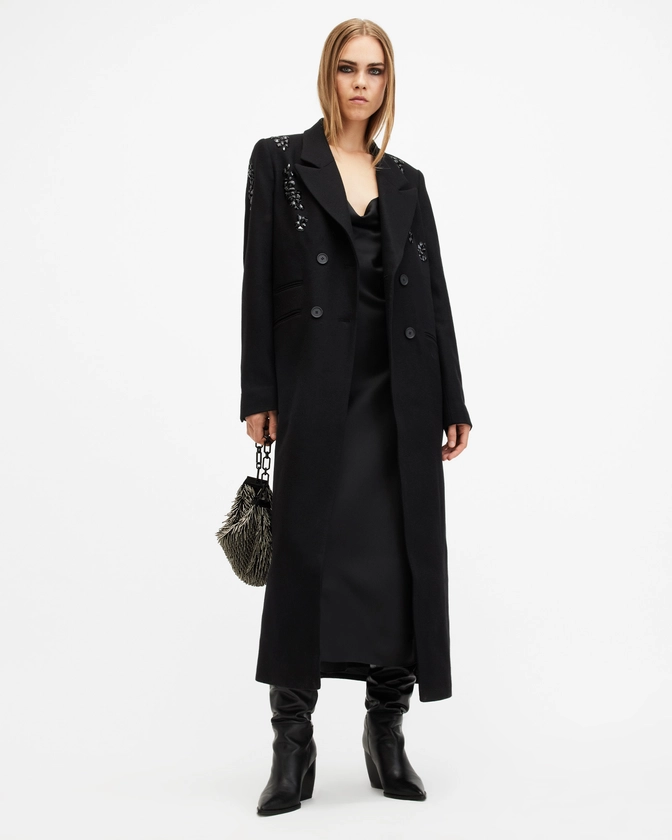 Ellen Embellished Double Breasted Coat Black | ALLSAINTS