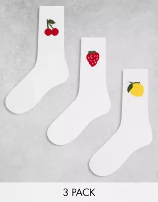 Pieces - Lot de 3 paires de chaussettes avec imprimé fruits - Blanc | ASOS