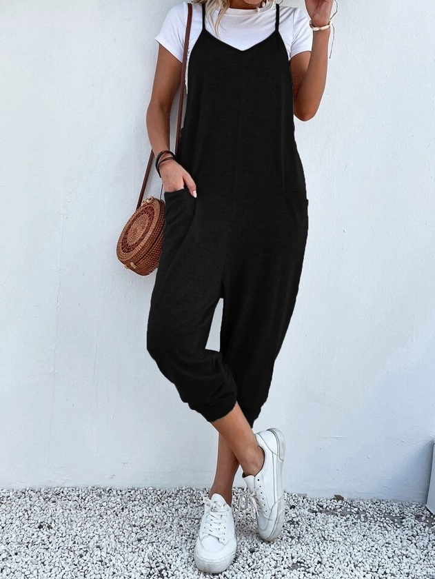 SHEIN LUNE Dual Pocket Keyhole Back Cami Jumpsuit Without Tee