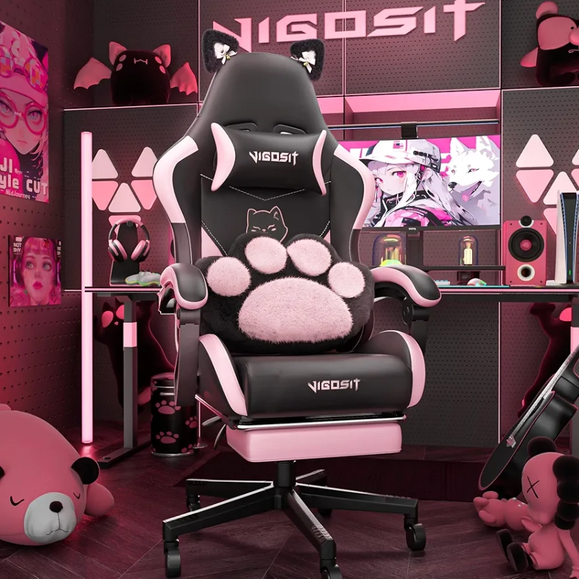 Cute Gaming Chair with Cat Paw Lumbar Cushion and Cat Ears, Ergonomic Computer Chair with Footrest, Reclining PC Game Chair for Girl, Teen, Kids, Black Pink