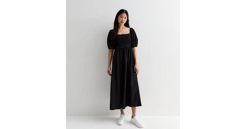 Black Square Neck Shirred Midi Dress | New Look
