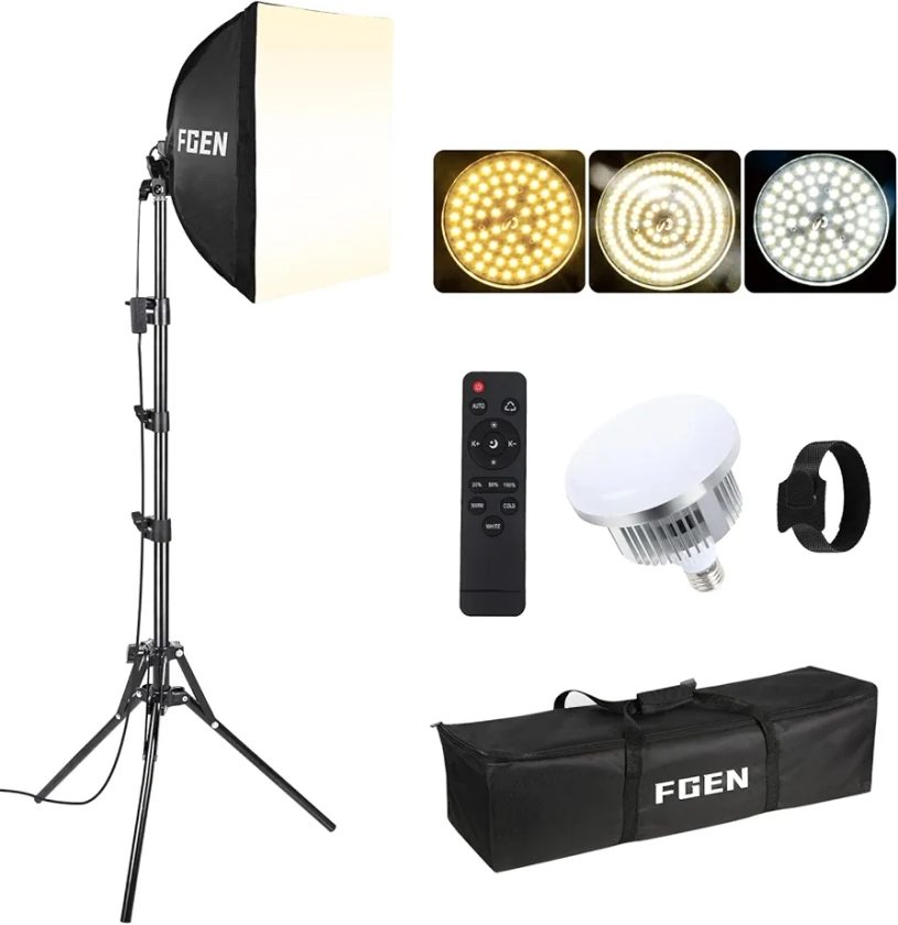 FGen Softbox Set,1x40x40cm Softbox Lunghezza del Cavo Ottico 300cm con 85W 2700-6400K Perline LED e Regolabile 150cm Sostegno, riprese Video e Fotografia di Prodotto