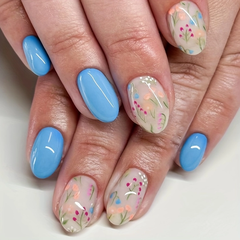 Summer Fashion Floral * Nails Sky Blue Solid Color False Nails Medium Oval Shape Cute Press On Nails Easter