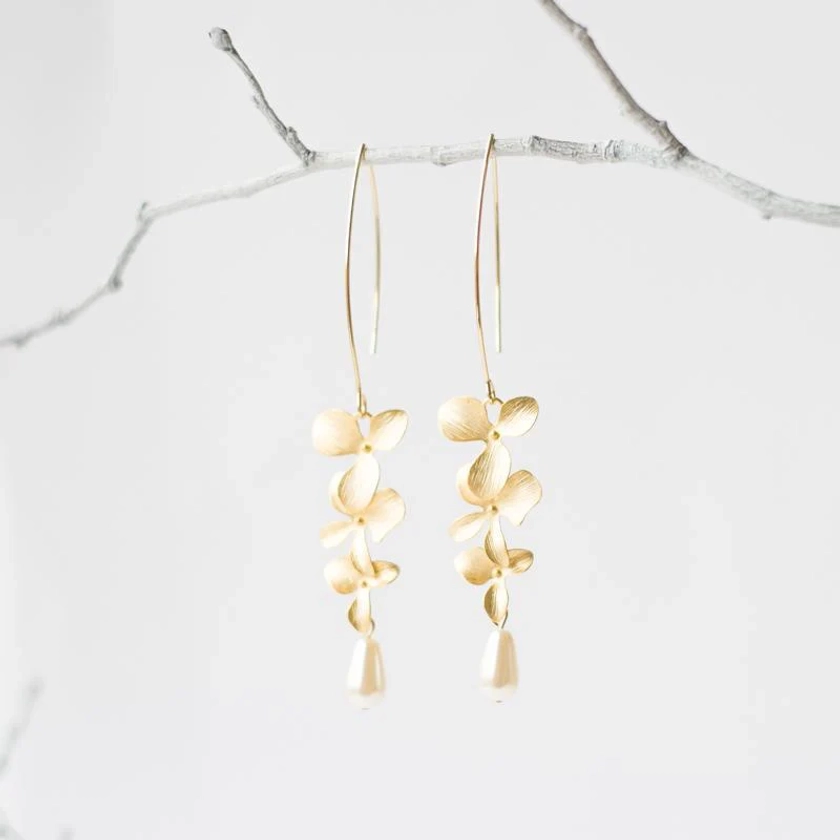 Gold Orchid Flower Earrings with Pearls