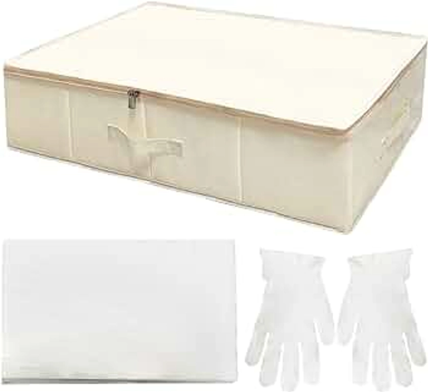 Wedding Dress Storage Box, Wedding Dress Preservation Box with 40 Sheets and 1 Pair Microfiber Gloves of Acid Free Tissue Paper for Storage Wedding Dress Storage Box Kit, Beige Preservation Box Underb