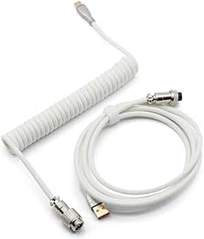 Glacier Premium Durable Quality Braided USB-C to USB-A Coiled Cable with Detachable Metal Aviator Connector Plug for Mechanical Keyboard (White)