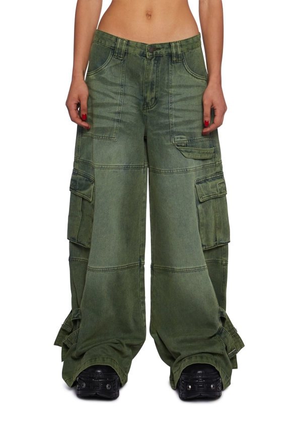 Current Mood Punquetee Punk Rock Strappy Washed Denim Baggy Pants - Green