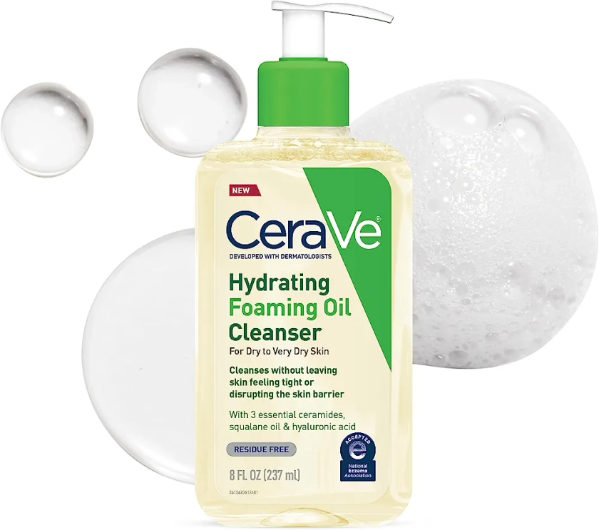 CeraVe Hydrating Foaming Oil Cleanser | Moisturizing Oil Cleanser for Face & Body with Squalane Oil, Hyaluronic Acid & Ceramides | For Dry to Very Dry Skin | Fragrance Free & Residue Free | 8 FL Oz
