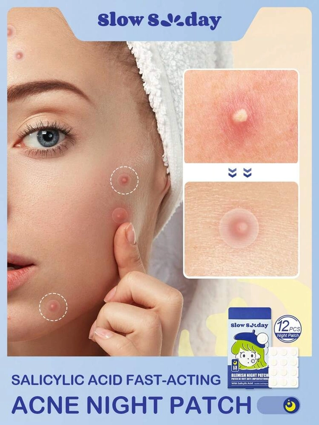 SlowSunday Hydrocolloid Piatto Notturno Per Acne E Brufoli, 12 Pezzi, Per Coprire Acne E Imperfezioni, Adesivi Per Punti Del Viso E Della Pelle, Patches Per Punti Notturni Per Brufoli E Acne