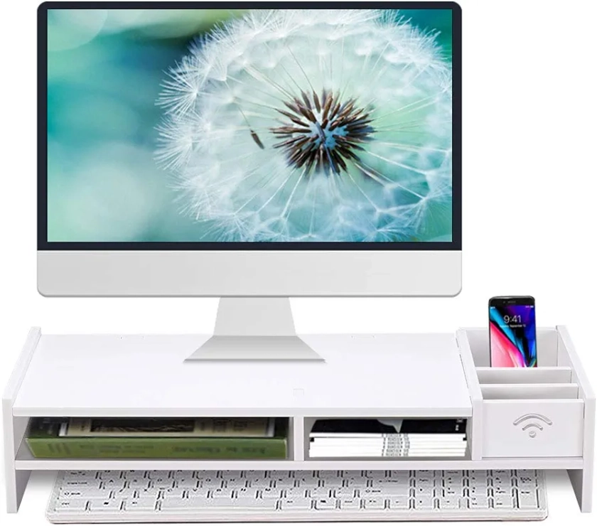 Monitor Stand Riser, Computer Laptop Riser Shelf with Organizer Drawer (White, 19"L x 8"W x 4"H)