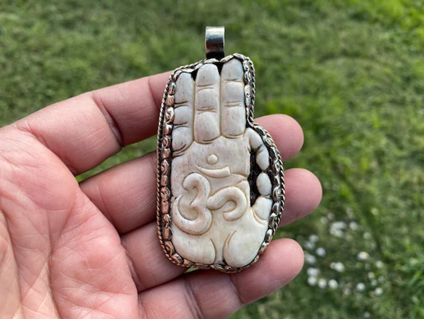 Large Om Symbol Buddha Hand Tibetan Silver, Hand Carved Bone, Hamsa Pendants, Hand of Fatima Pendant, Protection Jewelry, Hand Bone Pendants