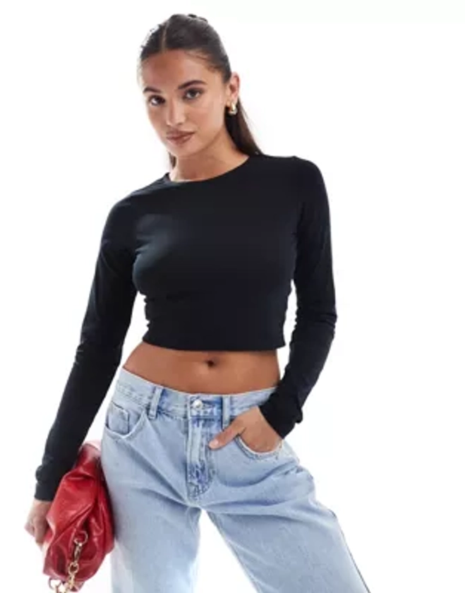 ASOS DESIGN - T-shirt crop top coupe slim à manches longues - Noir