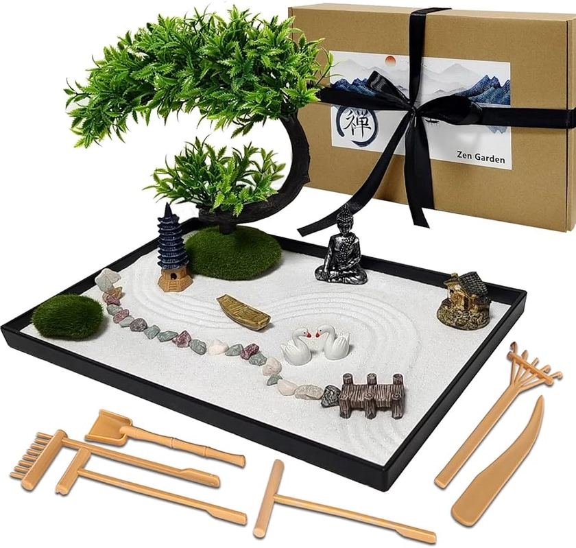 LuXianYS Japanese Zen Garden,Mini Zen Garden Home Decoration for Desk with Rake,Mini Zen Garden Sand Rock Ornament, Meditation Gift Set for Meditation, Relaxation and Gift