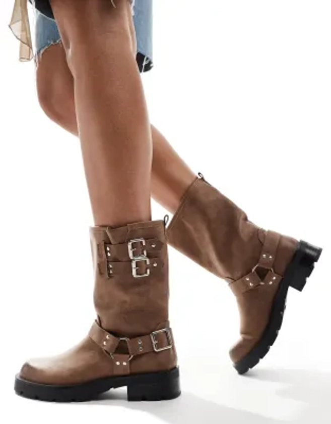 Glamorous - Bottes style motard avec harnais - Beige délavé