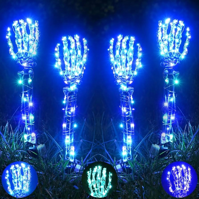 Maxee Halloween Lighted Skeleton Hands Set, 4 Pack Light Up Skeleton Arm Stakes, 4 x 3m 240 LED Green & Purple Lights with 3 Modes, Realistic Halloween Yard Outdoor Decorations Graveyard Garden