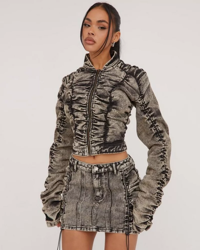 High Waist Distressed Detail Mini Skirt In Stone Knit