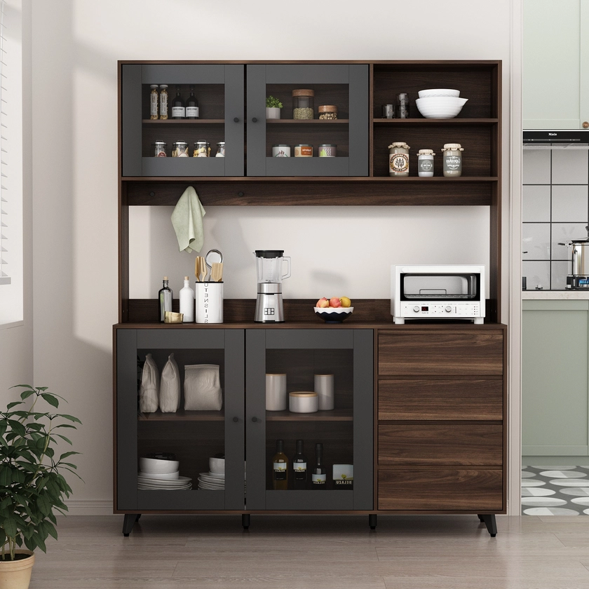 1pc 63" Modern Kitchen Pantry Storage Cabinet, Large Wooden Sideboard Buffet Hutch Cupboard
