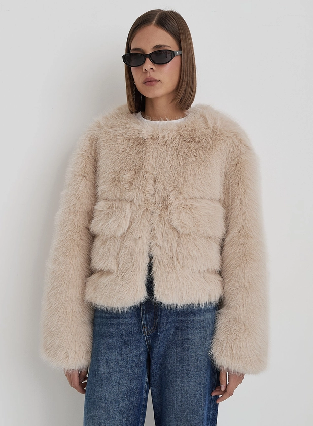 Beige Faux Fur Cropped Jacket- Reysha