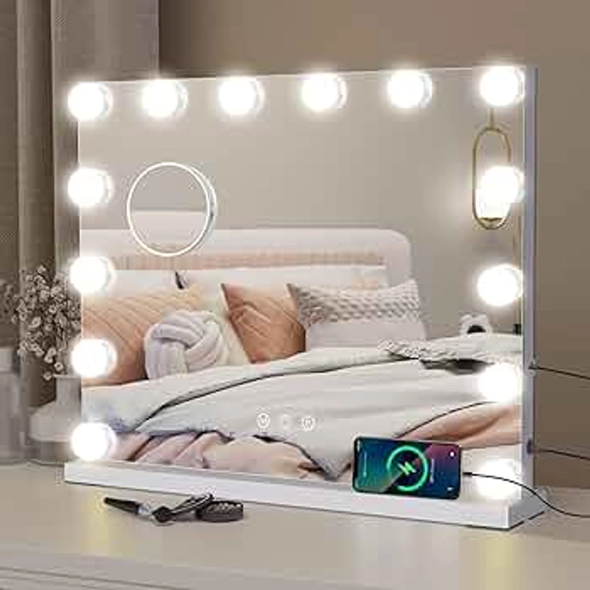 eklipt Hollywood Vanity Mirror with Lights, 50×42cm Large Lighted Makeup Mirror with 14 Dimmable LED Bulbs, Touchscreen Control, USB Output Port Tabletop or Wall Mounted Light Up Mirror For Bedroom