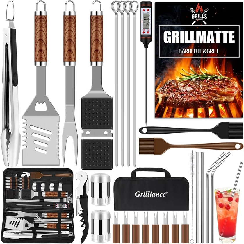 Grilliance 30pcs Stainless Steel Grill Tools Set for Men Gift Birthday, Heavy Duty BBQ Accessories Kit with Bag and Grill Mat, Portable Grilling Utensils for Outdoor Camping Brown : Amazon.co.uk: Garden