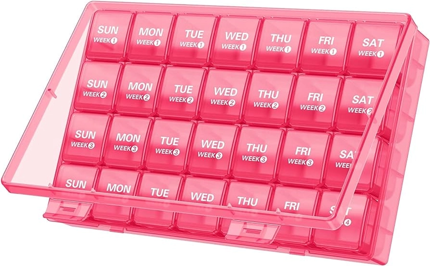 Annwer Large Monthly Pill Organiser 28 Day Pill Box Organizer by Week, Large 4 Weeks One Month Pill Cases with Dust-Proof Container for Pills/Vitamin/Fish Oil/Supplements(Pink)