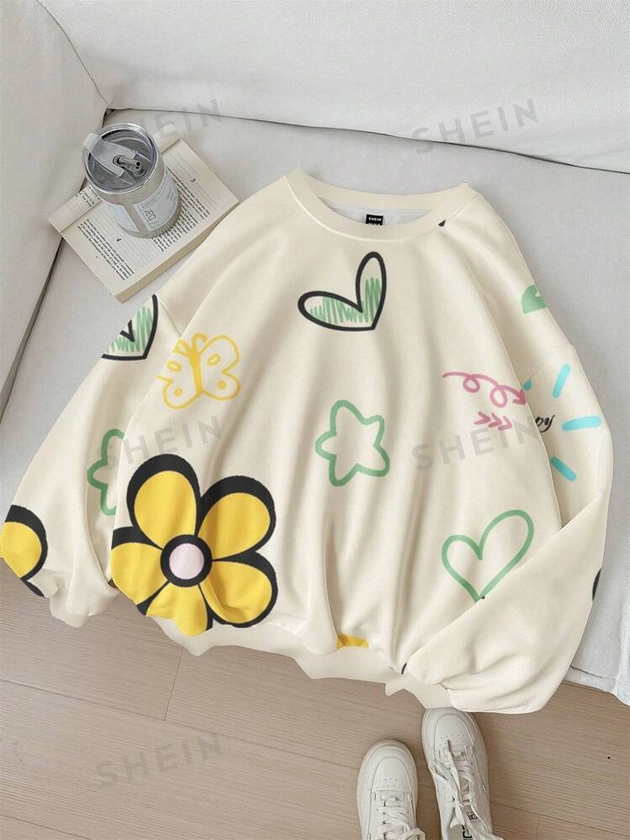 SHEIN EZwear Casual Cute Flower & Heart Pattern Crew Neck Loose Long Sleeve Sweatshirt For Women, Summer | SHEIN USA