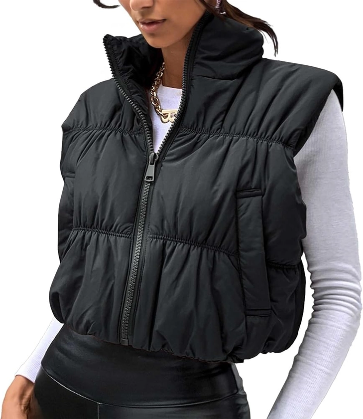 Womens Cropped Puffer Vest Lightweight Sleeveless Stand Collar Quilted Coat Zipper Outerwear with Pockets