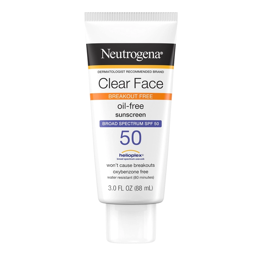 Amazon.com: Neutrogena Clear Face Liquid Lotion Sunscreen for Acne-Prone Skin, Broad Spectrum SPF 50 UVA/UVB Protection, Oil-, Fragrance- & Oxybenzone-Free Facial Sunscreen, Non-Comedogenic, 3 fl. oz : Beauty & Personal Care