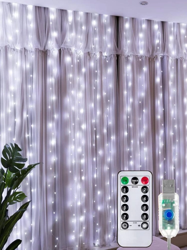 1 Pièce 3m 100/200/300 Lumières De Rideau Led, Lumières De Fée Suspendues Alimentées Par Usb Pour Fenêtre, 8 Modes D'éclairage Pour La Décoration De Fête De Mariage Familiale Avec Télécommande, Blanc / Blanc Chaud / Multicolore