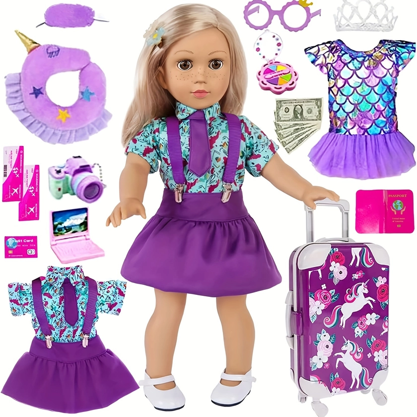 25pc American 18 inch Girl Doll Clothes and Accessories Travel Case Luggage School Play Set with Pillow Camera Sunglasses (No Doll) Halloween, *