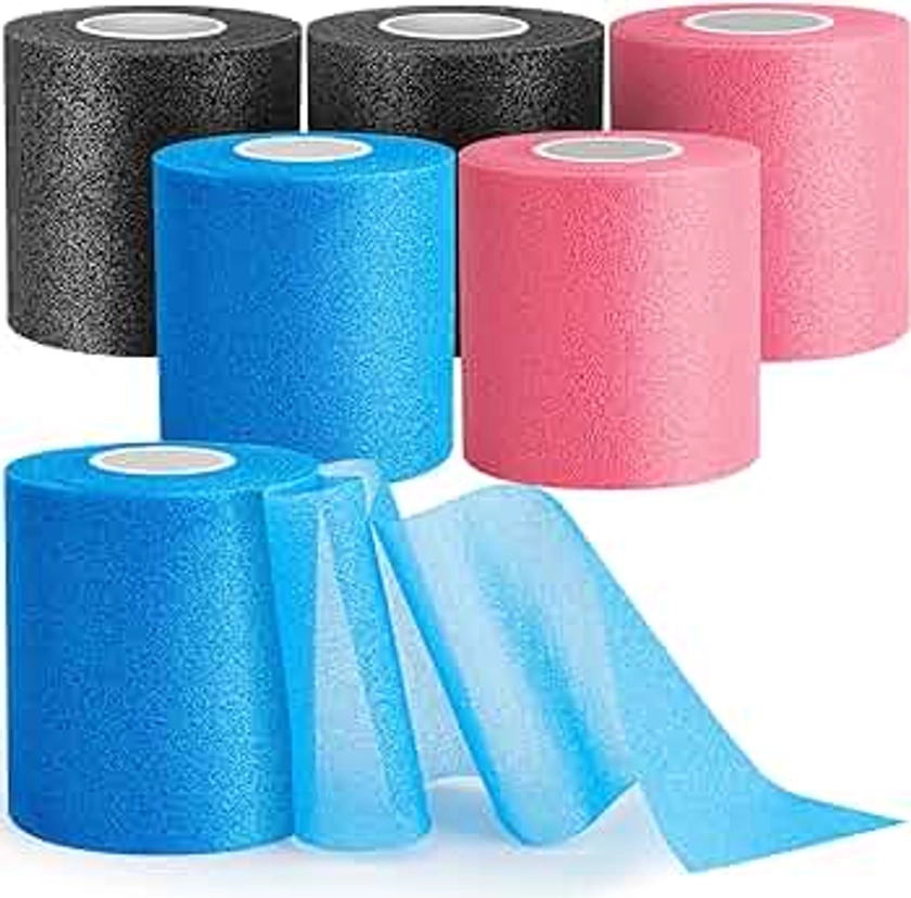6 Pack Pre Wrap for Hair Soccer, Multi Color Athletic Prewrap Tape Headbands, Foam Sport Underwrap Pre-Wrap, 2.76 Inches X 12 Yards - Pink, Black, Blue