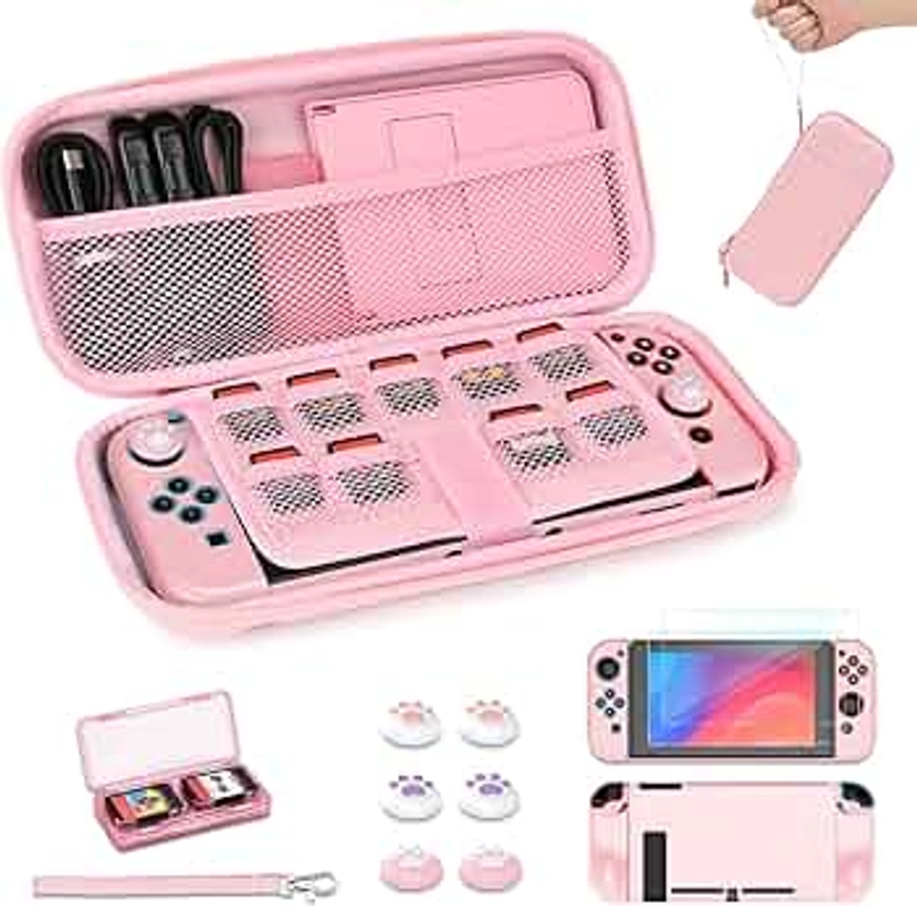 Younik Switch Case for Switch 2017, Portable Switch Carrying Case, 14 in 1 Accessories Kit with Switch Case, Cover, Screeen Protector, Thumb Grip Cap, Game Card Case and Strap (Pink, Button Pattern)