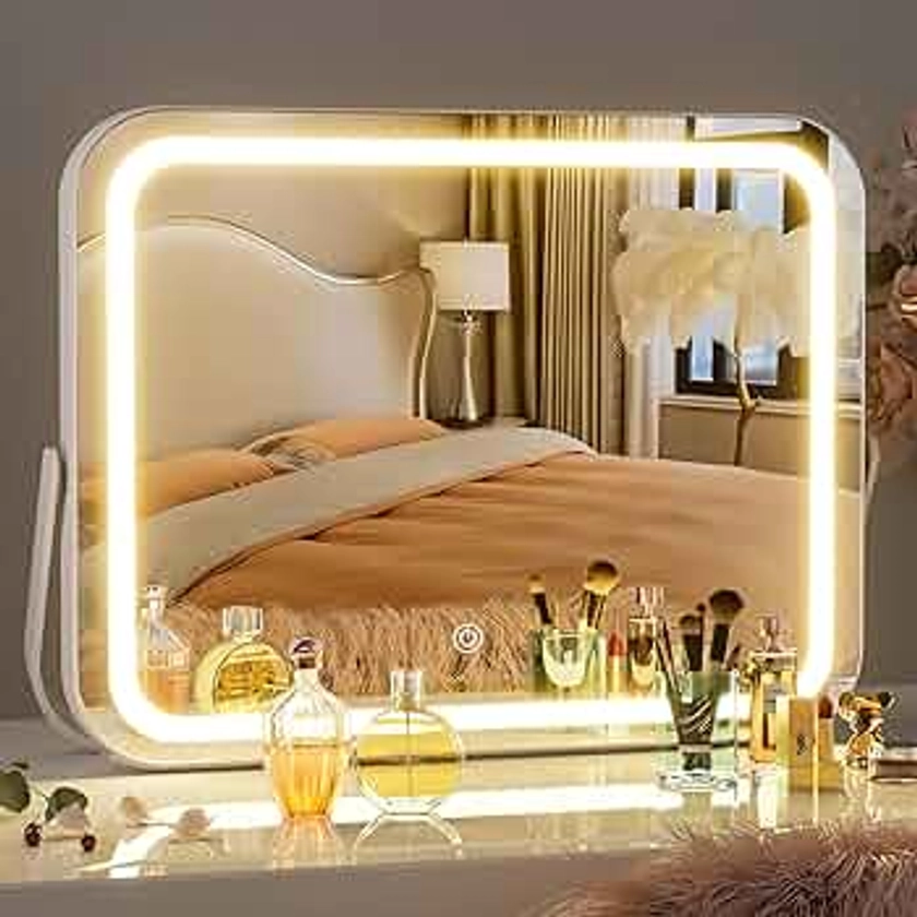 Hasipu Vanity Mirror with Lights, 14" x 11" LED Makeup Mirror, 3 Modes Light,Smart Touch Control Dimmable, 360°Rotation, Rounded Rectangle White Frame