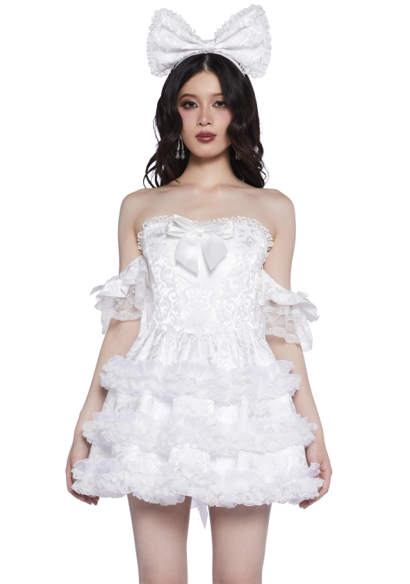 Widow Goth Lolita Sateen Cupcake Tiered Ruffle Mini Dress And Headband - White