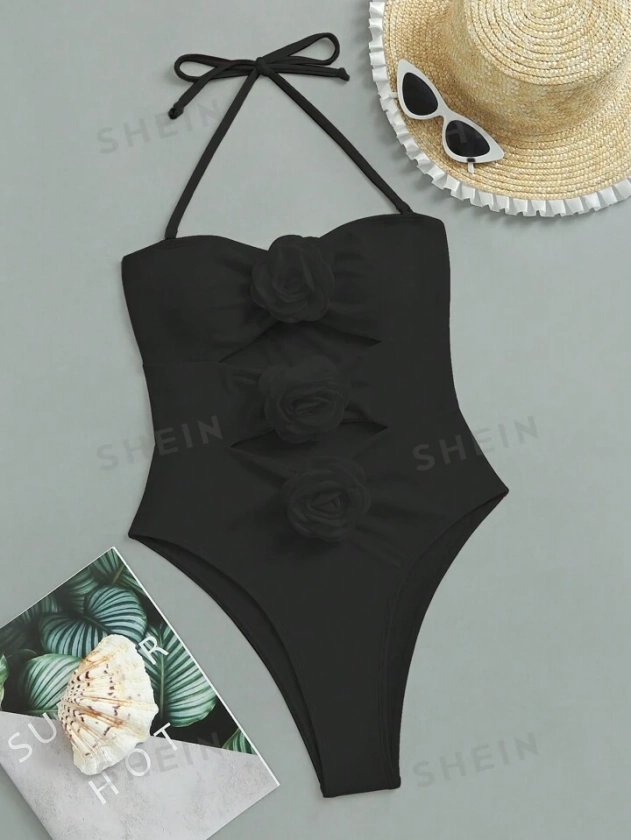 SHEIN Swim Summer Beach Ladies' One-Piece Swimsuit With 3d Floral Detail And Halter Strap | SHEIN UK