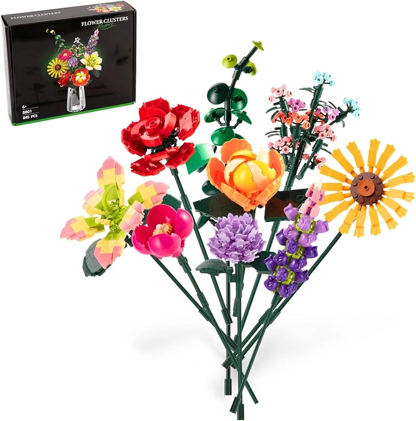 Bouquet de Fleur Plantes Construction, 845 PCS Eternal Flowers Botanical Collection, 9 Styles Artificielles Fleur, Valentins Cadeau d'anniversaire pour Adultes et Enfants Filles de 8+ Ans