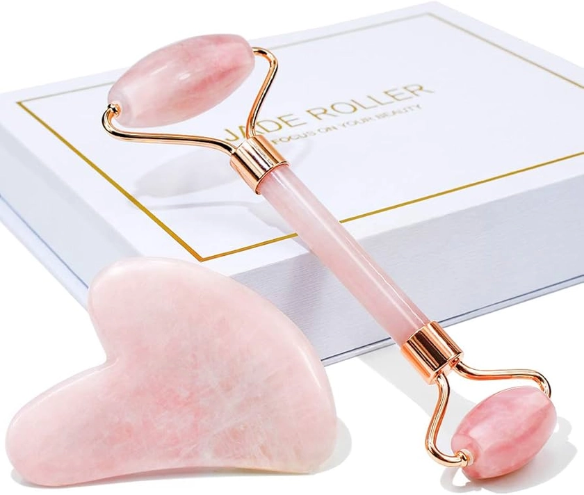 BAIMEI Jade Roller & Gua Sha, Face Roller, Facial Beauty Roller Skin Care Tools, Self Care Gift for Men Women, Massager for Face, Eyes, Neck, Relieve Fine Lines and Wrinkles, Face Care - Rose Quartz