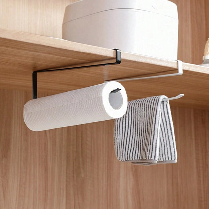 1pc/2pcs No-Drill Hanging Kitchen Paper Towel Holder, Cabinet Mounted Roll Paper Storage Rack, Cling Film Organizer Hooks