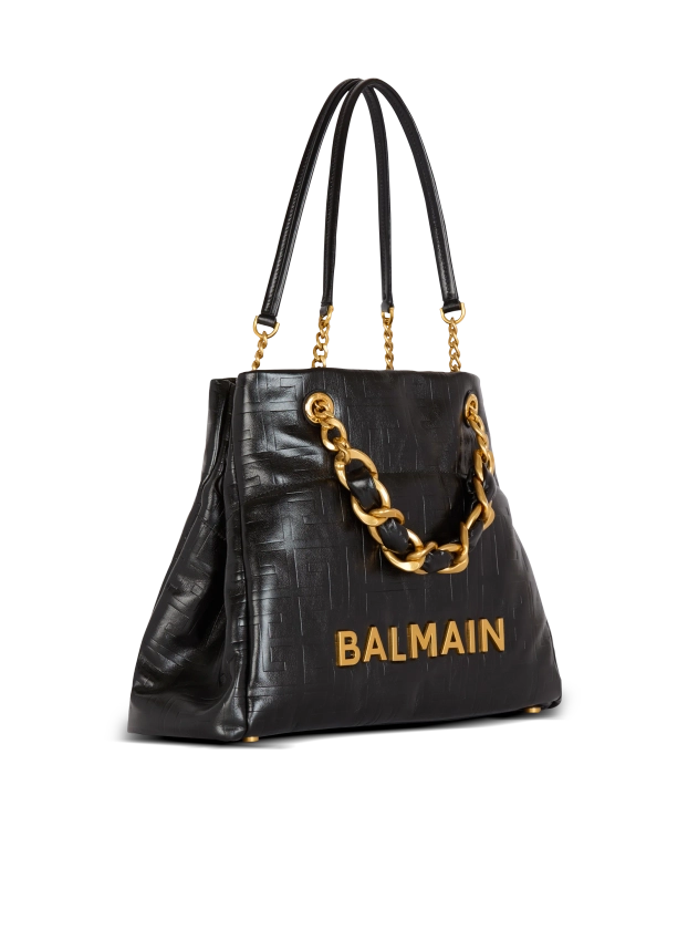 1945 Soft tote bag in embossed crackled calfskin with a PB Labyrinth monogram black - Women | BALMAIN