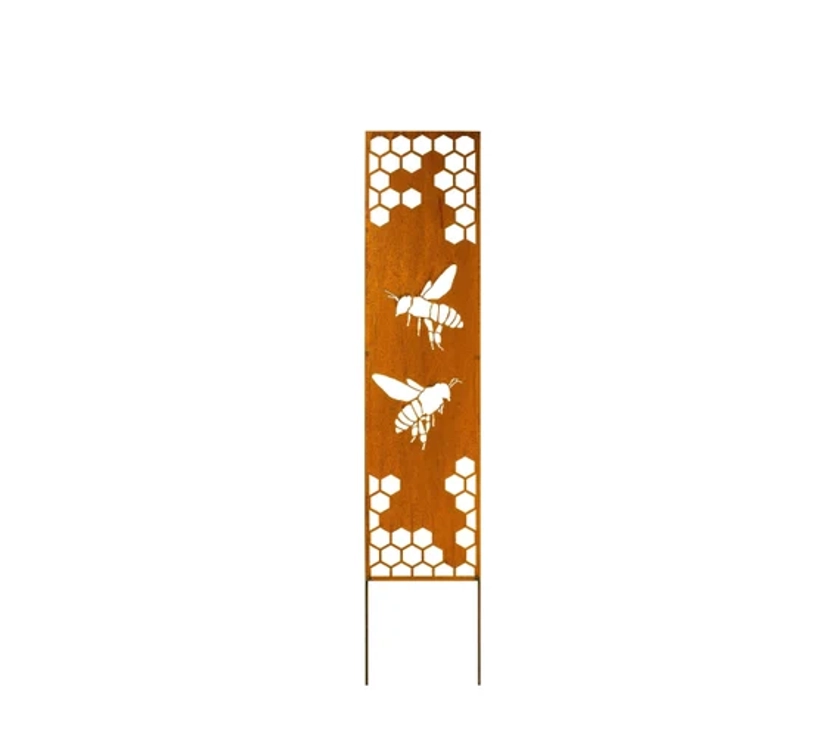 Honey Bees and Honeycomb, Rusty Privacy Screen, Garden Panel, 12" x 48'', Garden Décor with Garden Stakes | M928