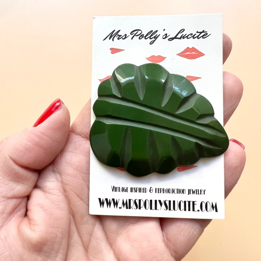 Green Leaf Brooch Pin Resin, Vintage Bakelite Inspired Rockabilly 1940s 1950s Style by Mrs Polly's Lucite - Etsy