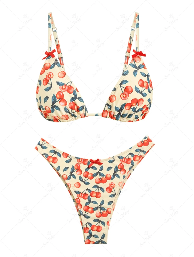 Seamolly Fruit Cherry Print Triangle Cheeky Bikini Set