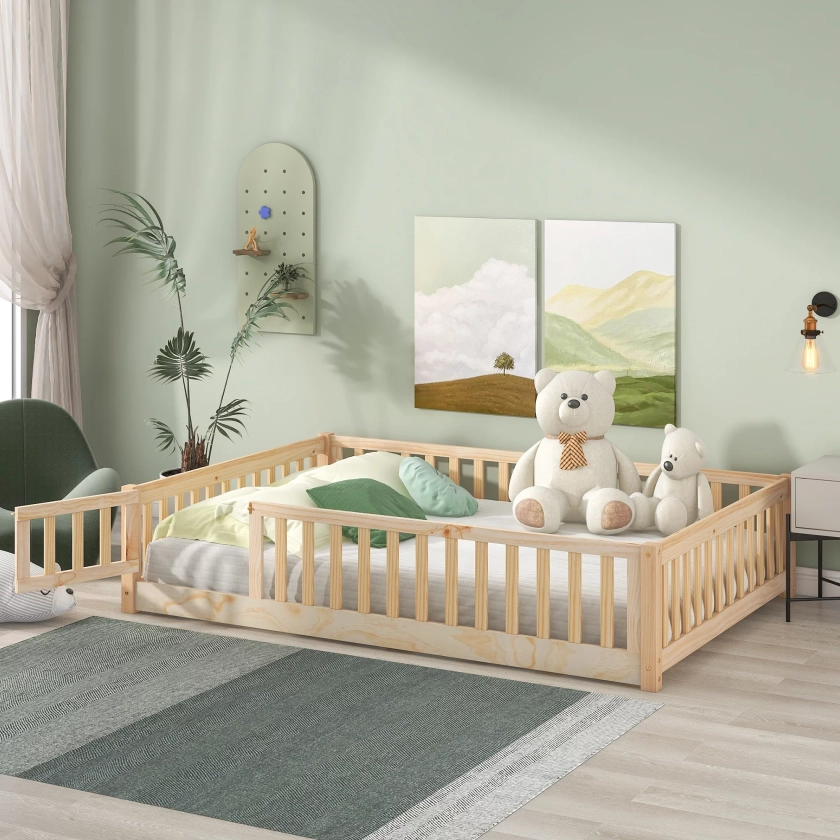 PAPROOS Full Size Floor Platform Bed with Fence and Door, Solid Wood Playhouse Bed for Kids, Toddlers, Boys, Girls, No Box Spring Needed, Full Montessori Bed Frame with Wooden Support Slats, Natural - Walmart.com