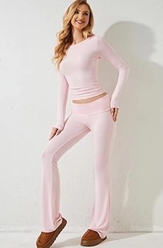 MISSACTIVER Women's Two Piece Outfit Basic Long Sleeve Crop Top and Low Rise Flare Pants Set Lounge 2 Piece Yoga Tracksuit